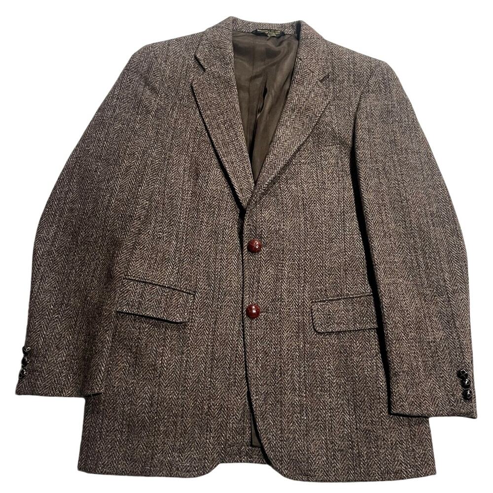 VTG Harris Tweed 2 Button Blazer Herringbone Mens Sz 38 Handwoven Scottish Wool